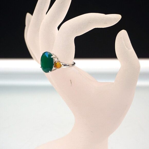 Jadeite w Yellow Tourmaline Gemstone Cocktail Ring Sterling Silver Signed Sz 9 - Picture 7 of 13